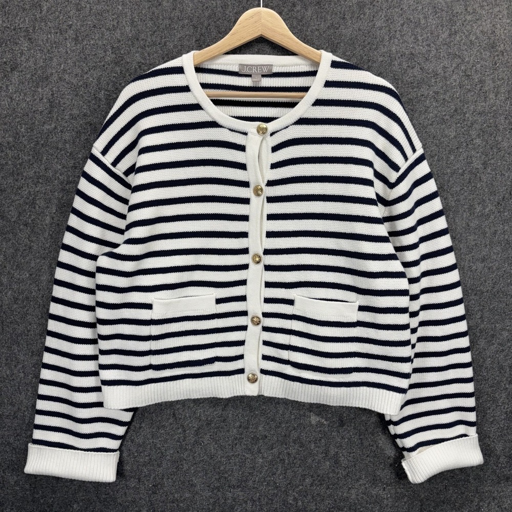 J Crew Emilie Sweater Womens Large Striped Navy Blue White Preppy Relaxed